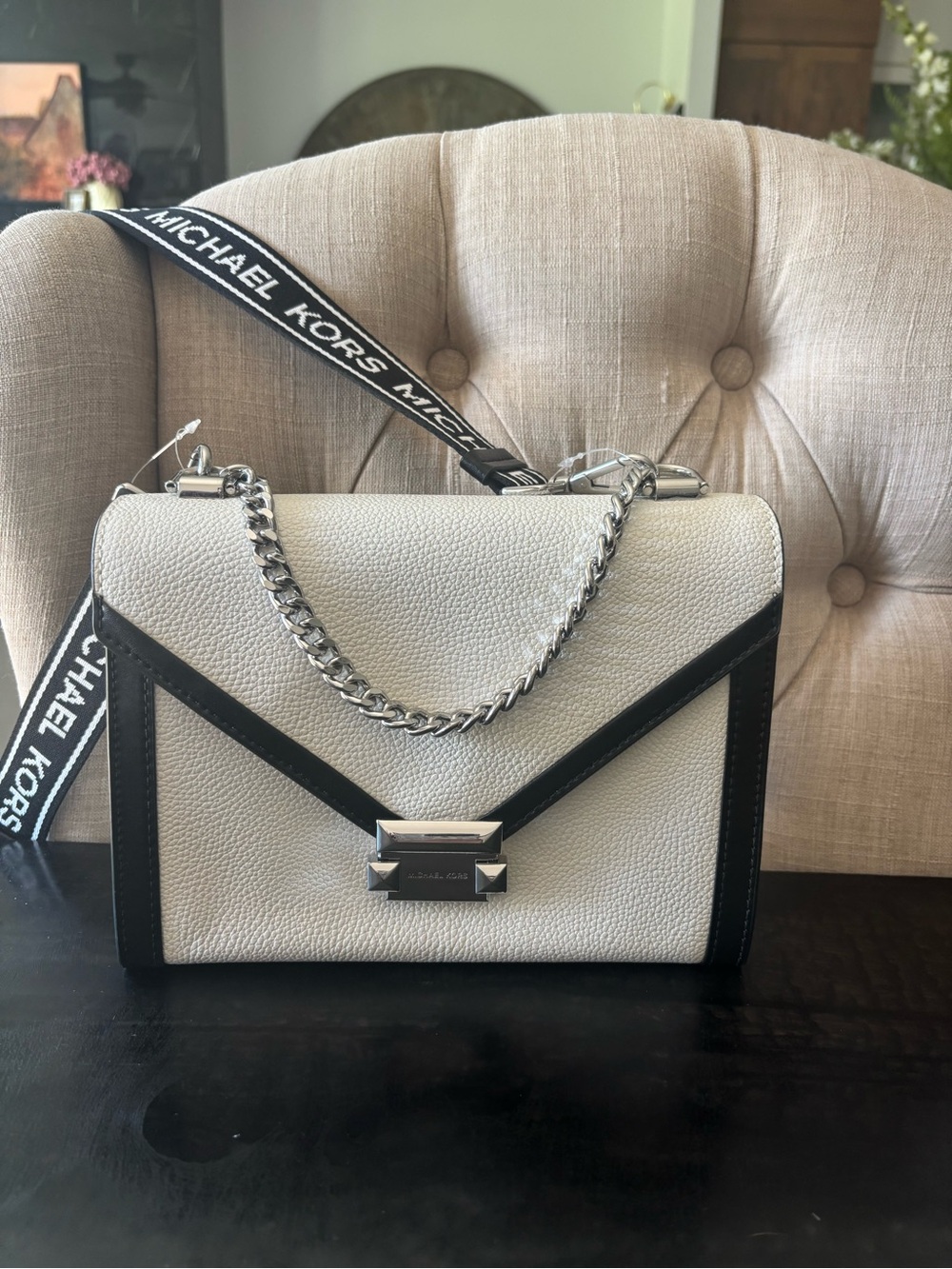 Michael Kors White and Black Pebbled Leather Shoulder Bag with Logo Strap